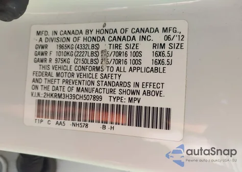 2012 Honda Cr-V Lx z USA, uszkodzony, nr VIN 2HKRM3H39CH507899